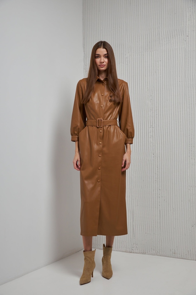 Rochie din piele ecologică cu mâneci 3/4