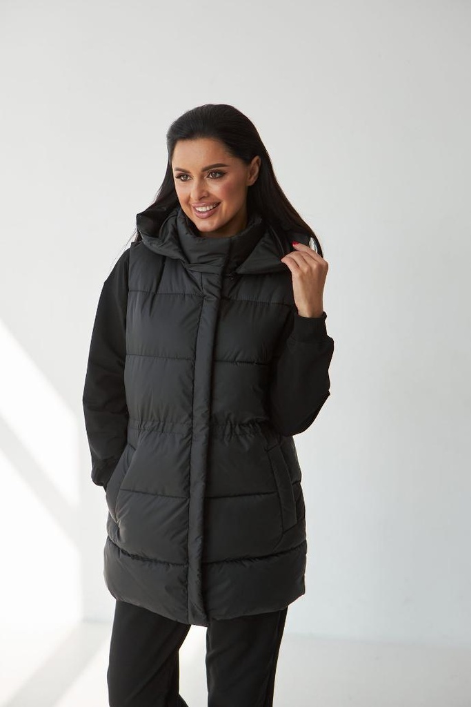 Long vest with a drawstring and hood