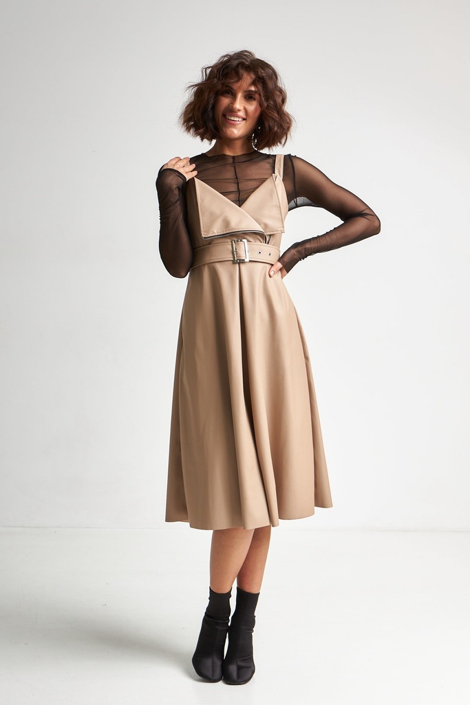 Rochie de tip sarafan din piele ecologică cu fermoar pe corset 